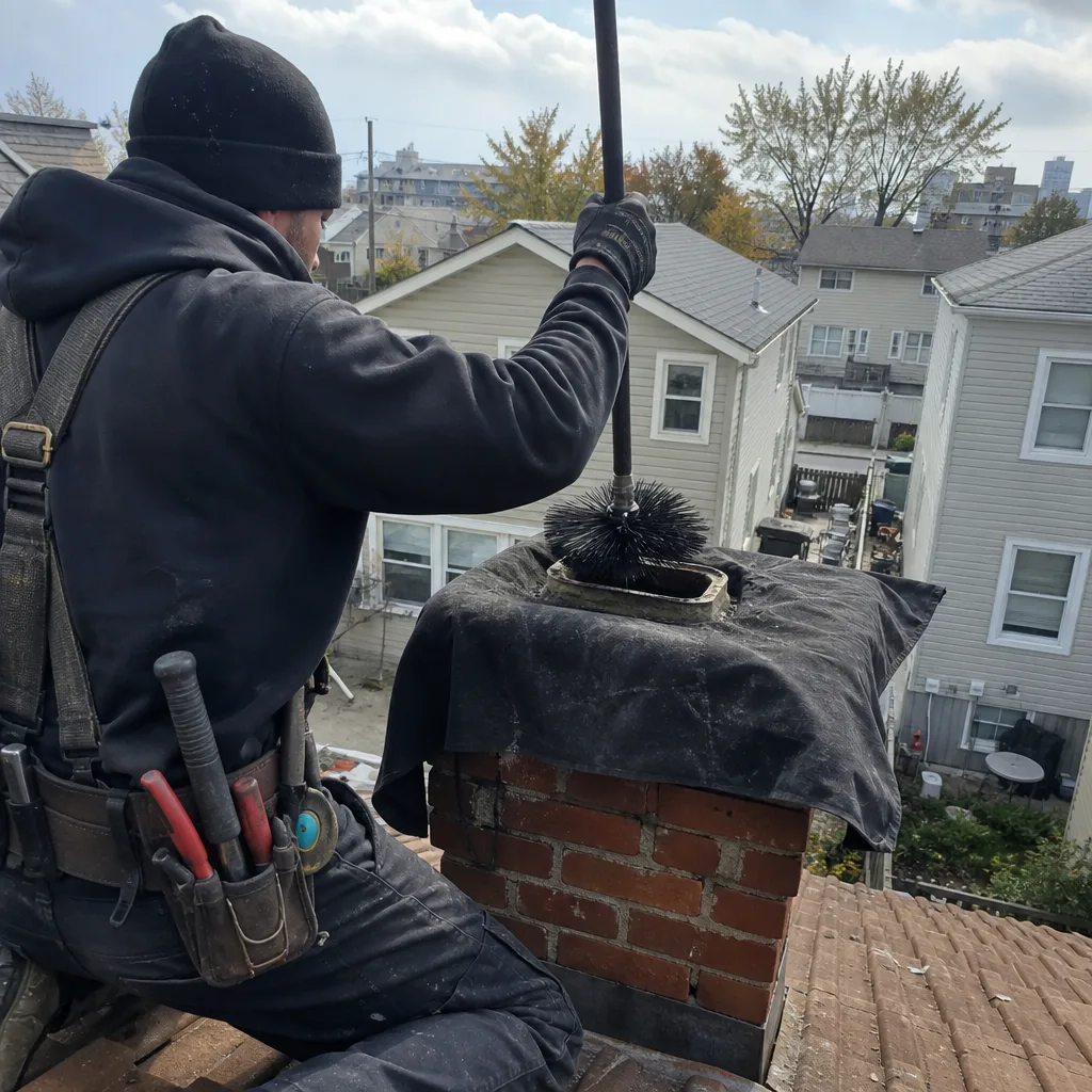 Professional chimney sweep cleaning a residential brick chimney from the roof