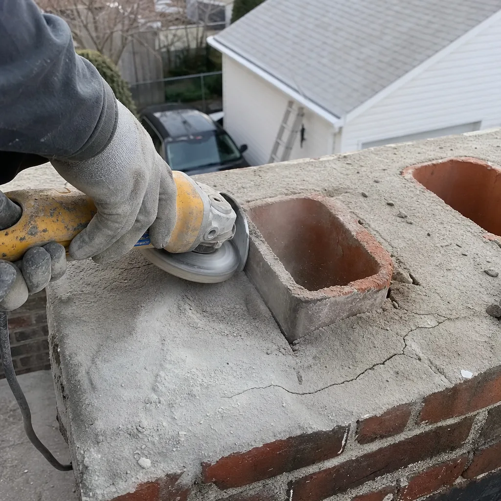 Professional technician performing masonry chimney crown repair with power tools.
