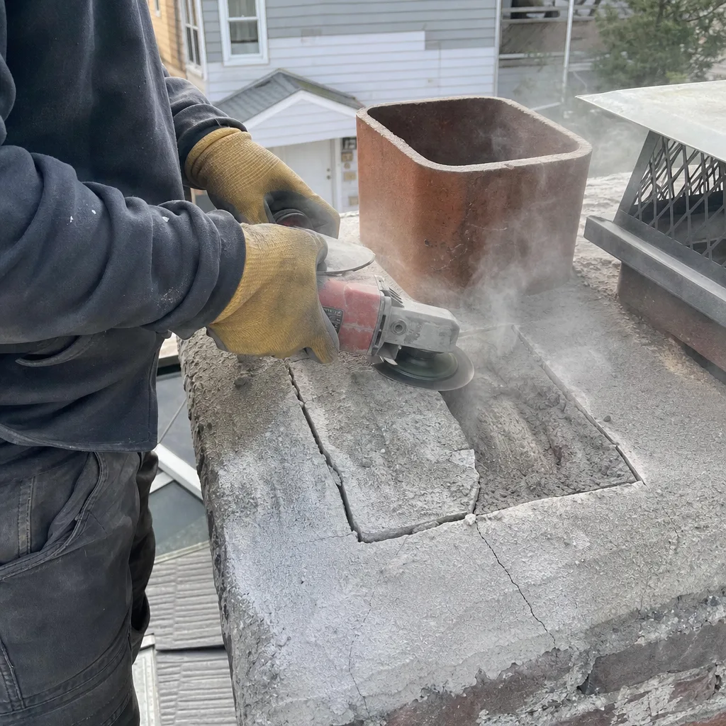 Professional contractor performing masonry chimney crown repair on a residential rooftop