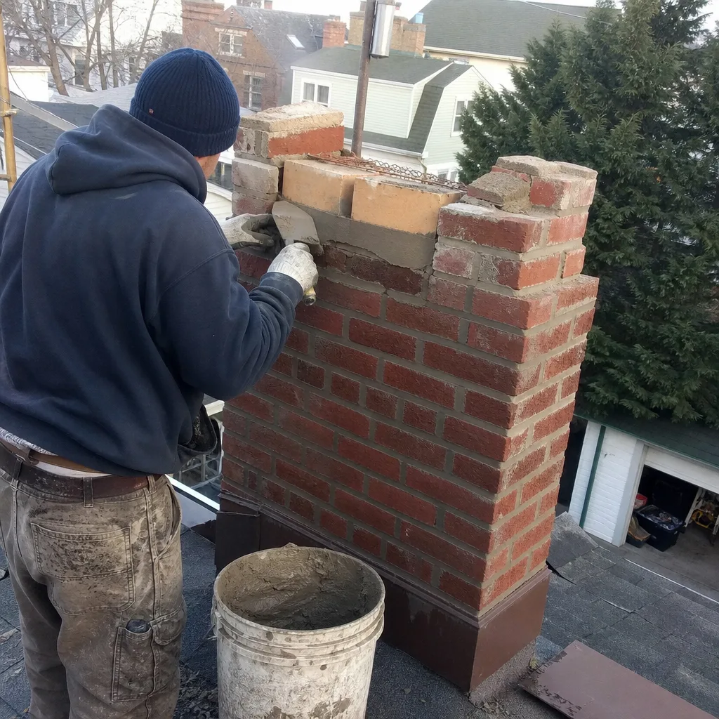 Professional mason performing expert brick chimney repair work on a rooftop