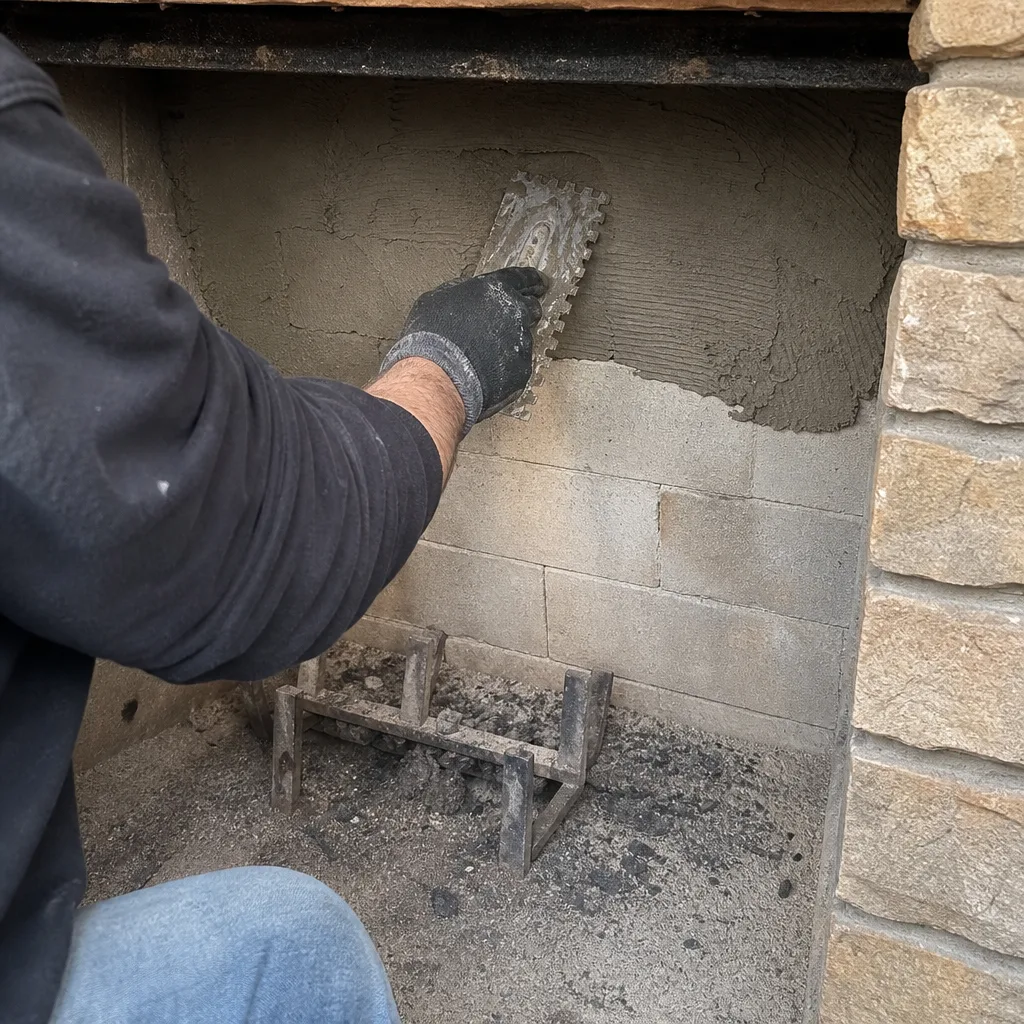 Professional technician applying mortar to a fireplace wall with a trowel.