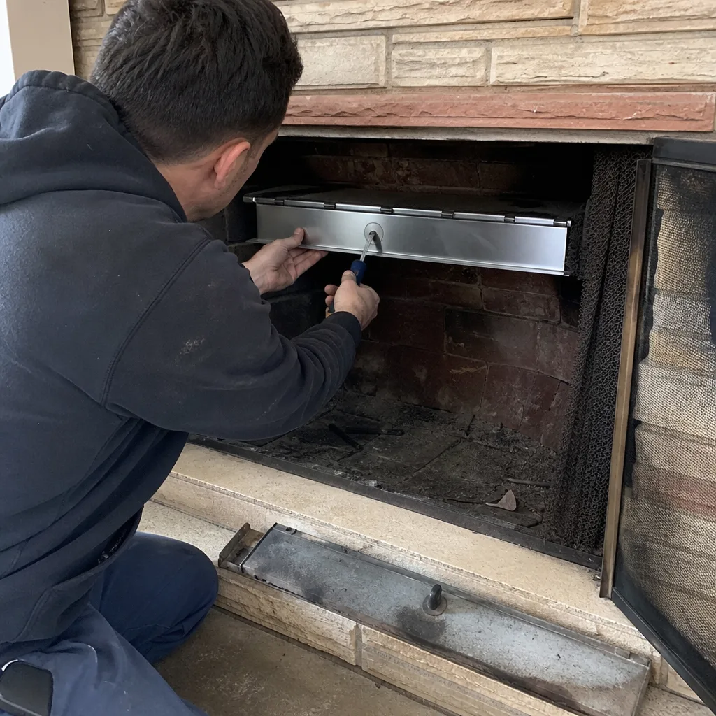 Technician installing a metal fireplace draft stopper for chimney maintenance