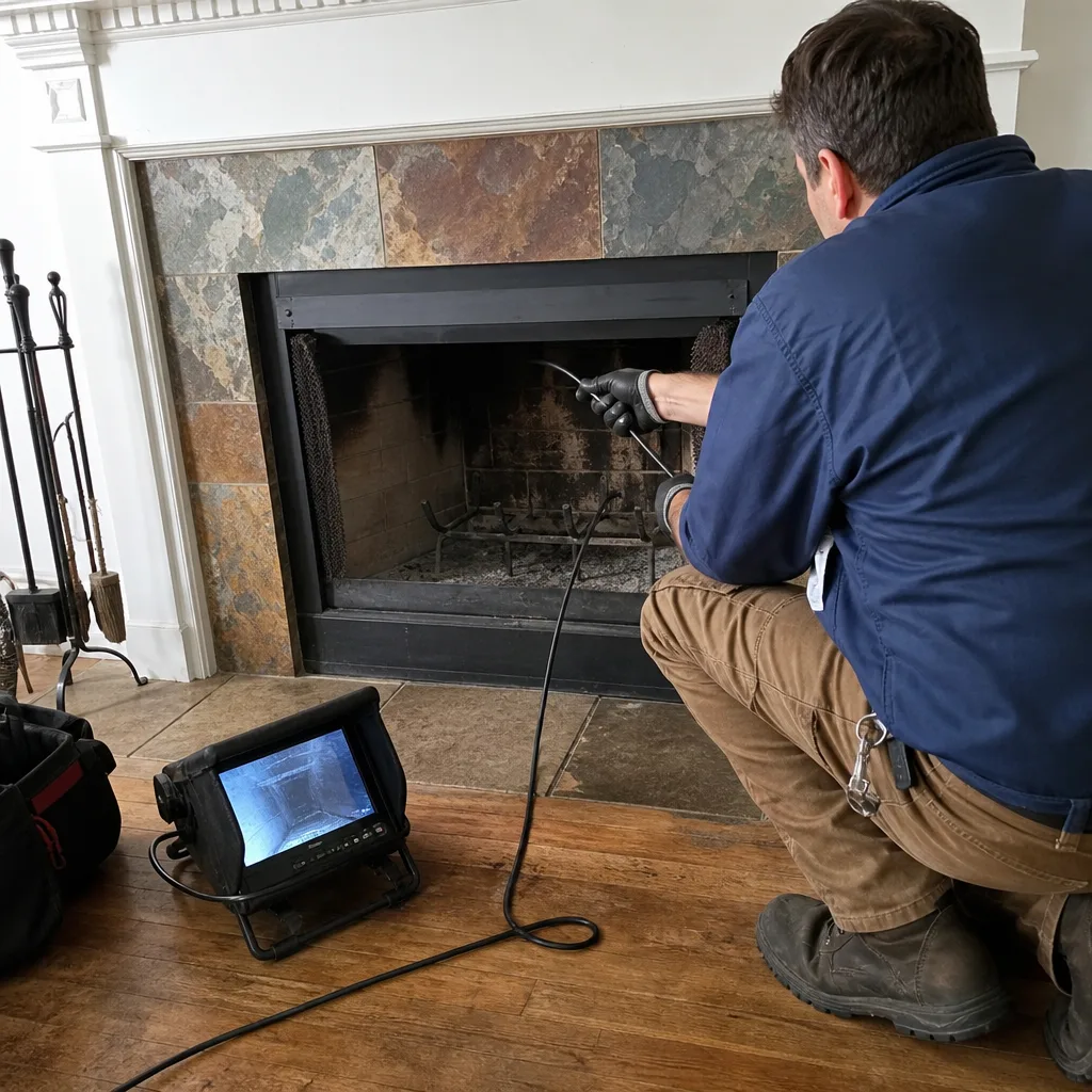 Technician performing a professional fireplace and chimney video inspection