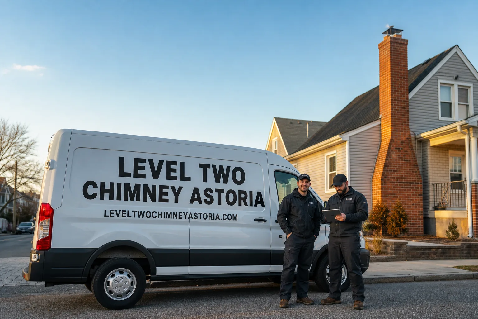 Emberly Chimney Cleaners Astoria chimney cleaning service vehicle and crew in Astoria, NY
